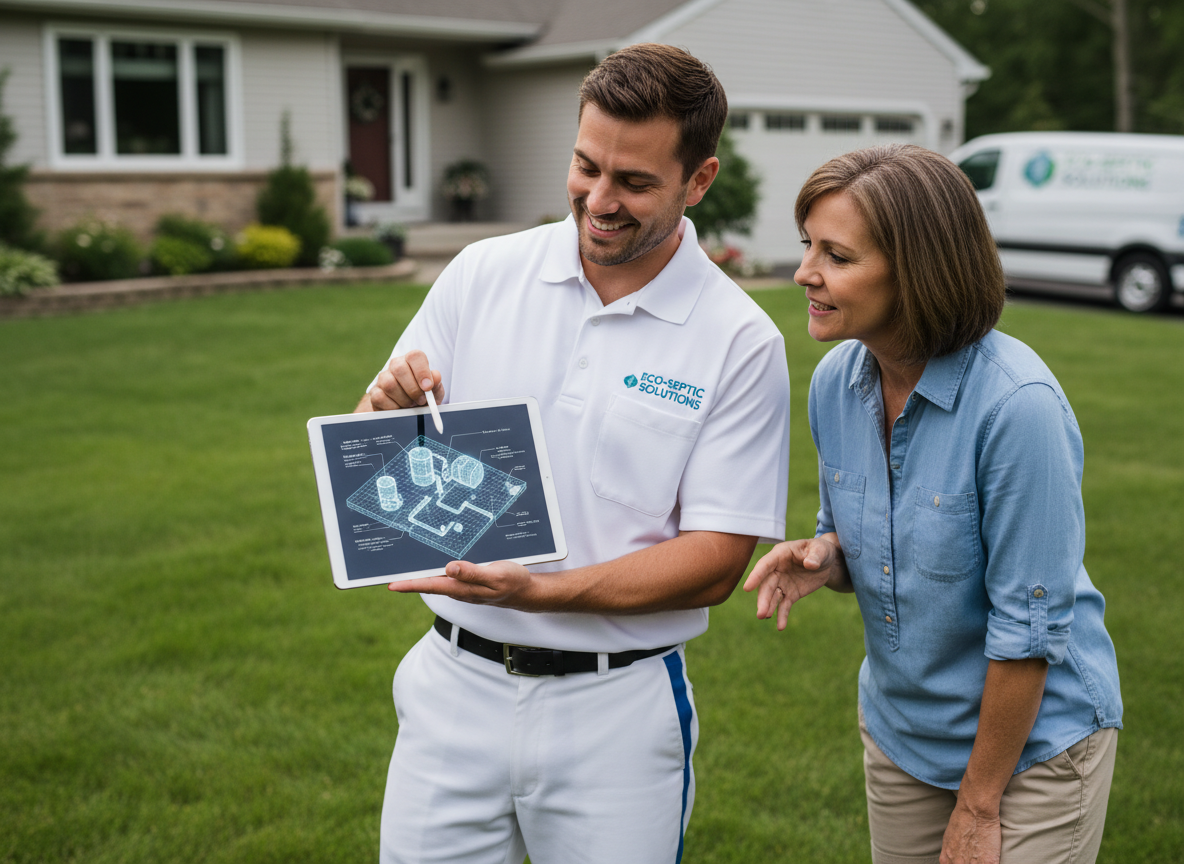 Technician explaining a septic system diagram to a homeowner
