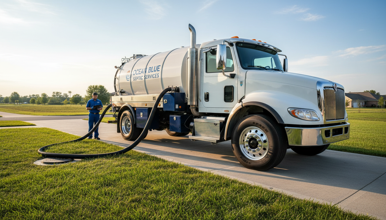 Pump truck operating on a residential property